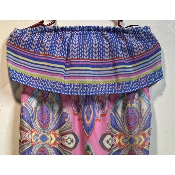 Red Camel Tube Top Knee Length Dress Size Medium Floral Ruffle Elastic - Picture 2 of 7